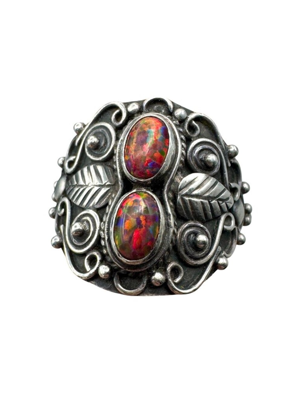 Vintage Sterling Silver Double Opal Ring Southwestern Ornate Setting Sz 8.25